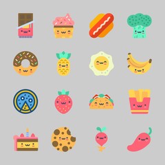 Fototapeta premium Icons about Food with fried egg, broccoli, fries, strawberry, radish and cake