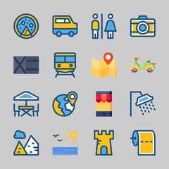 Icons about Travel with scooter, train, terrace, toilet paper, pizza and sun