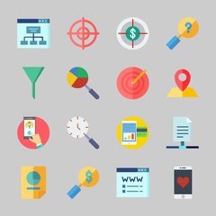 Icons about Seo with stats, search, domain registration, location, target and site map