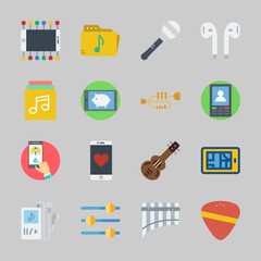 Icons about Music with music album, spanish guitar, guitar pick, maracas, guitar and music player