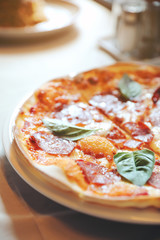 Hot Pepperoni Pizza in dish , Italian food