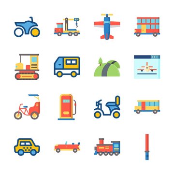 icon Transportation with bike, van, double decker, road and crane