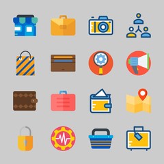 Icons about Commerce with networking, store, shopping bag, megaphone, location and photo camera