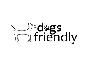 Dogs friendly sign with dog and footprint of a paw, illustration, dogs allowed, white background