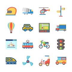 icon Transportation with helicopter, car, motorbike, helmet and taxi