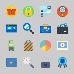 Icons about Commerce with video player, shopping bag, settings, wallet, online shop and quality