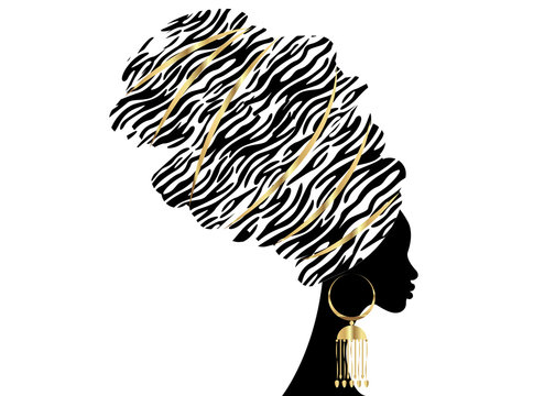 Vector Portrait beautiful African woman in traditional turban, Kente head wrap, dashiki printing, black afro women vector silhouette Africa batik, ethnic zebra decoration cloth, hairstyle concept logo