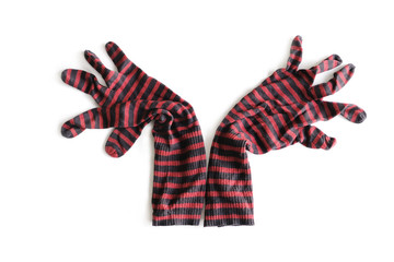 The striped gloves on a white background. The horns of a deer.