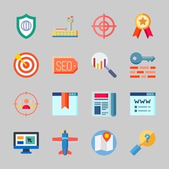 Icons about Seo with keywords, newspaper, find, key, quality and shield