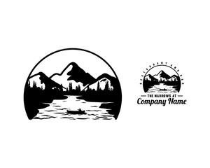 Landscapes of the Mountain and Forest with Boat on the River Sign Symbol Logo Vector