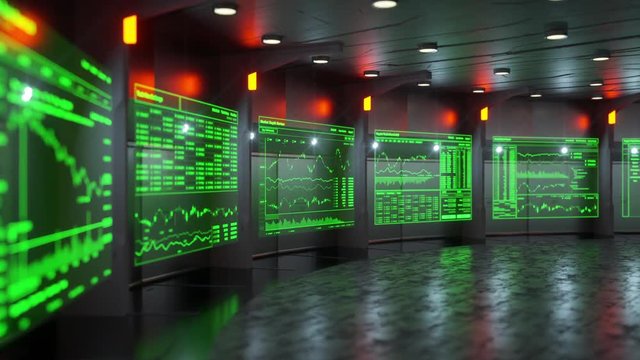 Animation of futuristic monitors displaying real time stock market information of blockchain based crypto currencies like Bitcoin, Monero, Ripple, Litecoin, Ethereum, etc.