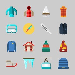 Icons about Winter with house, snow, parka, sweater, vest and goggles