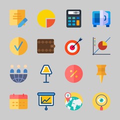 Icons about Business with percentage, note, push pin, target, checked and presentation