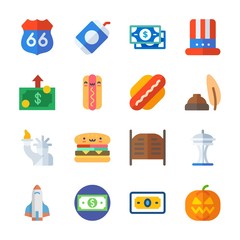 icon United States with hat, soda, salon, pumpkin and route