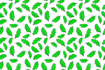 Seamless pattern of green leaves against a white background, vector illustration.