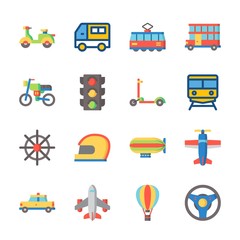 icon Transportation with motorbike, airplane, rudder, hot air balloon and double decker