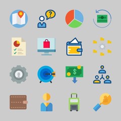 Icons about Commerce with map, user, money, settings, suitcase and networking