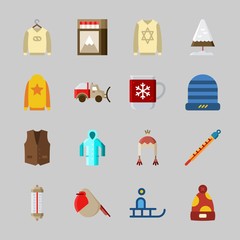 Icons about Winter with snowplow, robin, sleigh, matches, sweater and snow