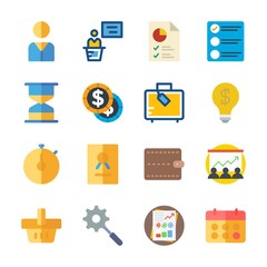 icon Business with pie chart, stats, search, user and stopwatch