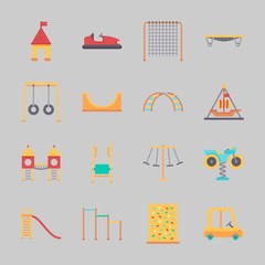 Icons about Amusement Park with motor swing, swings, jumping flore, swing , toy car and skater