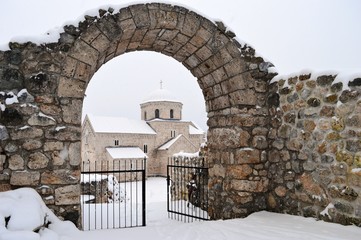 Orthodox monastery in the snow
