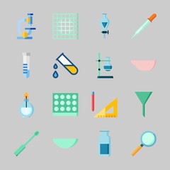 Icons about Laboratory with watch glass, dropper, ladle, lab, burner and microscope