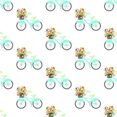 Bicycle with spring flowers seamless pattern