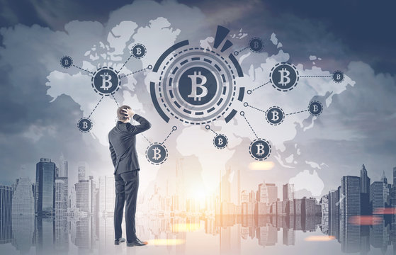 Confused businessman, bitcoin network, city