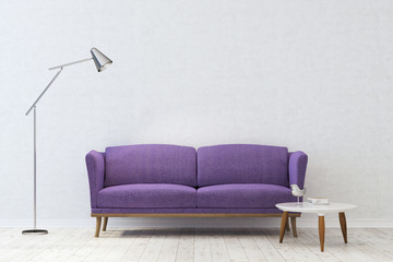 White living room, purple sofa