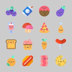 Icons about Food with cheese, orange, mushroom, pizza, meatball and bacon