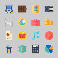 Icons about Business with calculator, stats, wallet, coins, gear and shopping basket