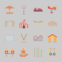 Icons about Amusement Park with game zone, amusement park, bumber car, sailing boat, sunshade and climb