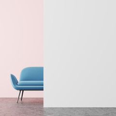 Pink and white living room, blue sofa