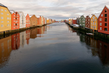 Old town of Trondheim - Coloured Storehouses at the river Nidelva (winter time)