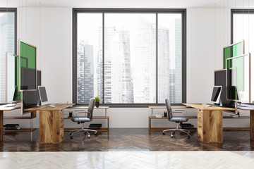 White and green modern office interior, side view
