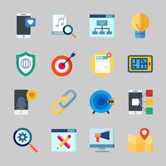 Icons about Seo with newspaper, music, measure, search engine, site map and target