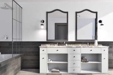 White and brick wall bathroom interior