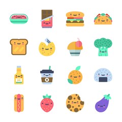 icon Food with mustard, hamburger, hot dog, orange and strawberry