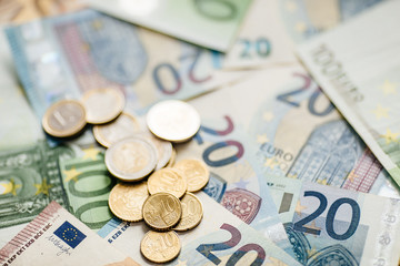 Different Euro banknotes from 5 to 500 Euro