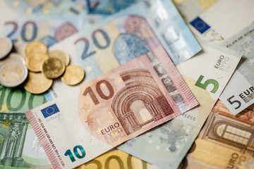 Different Euro banknotes from 5 to 500 Euro