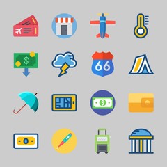 Icons about Travel with storm, money, tent, umbrella, wallet and plane ticket