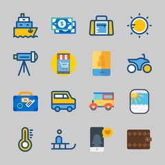 Icons about Travel with suitcase, ship, parthole, motorbike, wallet and smartphone