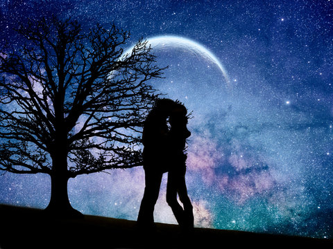 Photomanipulation Of A Couple In Love Under The Moon And Into The Galaxy.