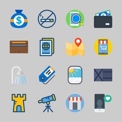 Icons about Travel with tag, money, wallet, smartphone, mo smoking and tower