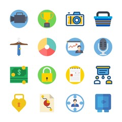 icon Digital Marketing with safebox, video camera, padlock, pie chart and target