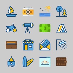 Icons about Travel with motorbike, plane ticket, shop, shower, telescope and sun