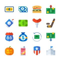 icon United States with hamburger, money, white house, hot dog and hockey