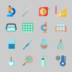 Fototapeta na wymiar Icons about Laboratory with surgery, beaker, desiccator, lab, measuring and test tubes