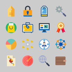 Icons about Commerce with networking, online shop, shopping bag, target, pie chart and settings