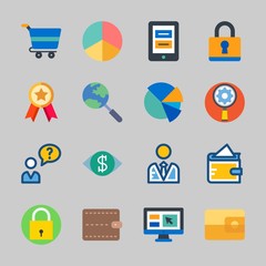 Icons about Commerce with online shop, tablet, search, vision, wallet and online